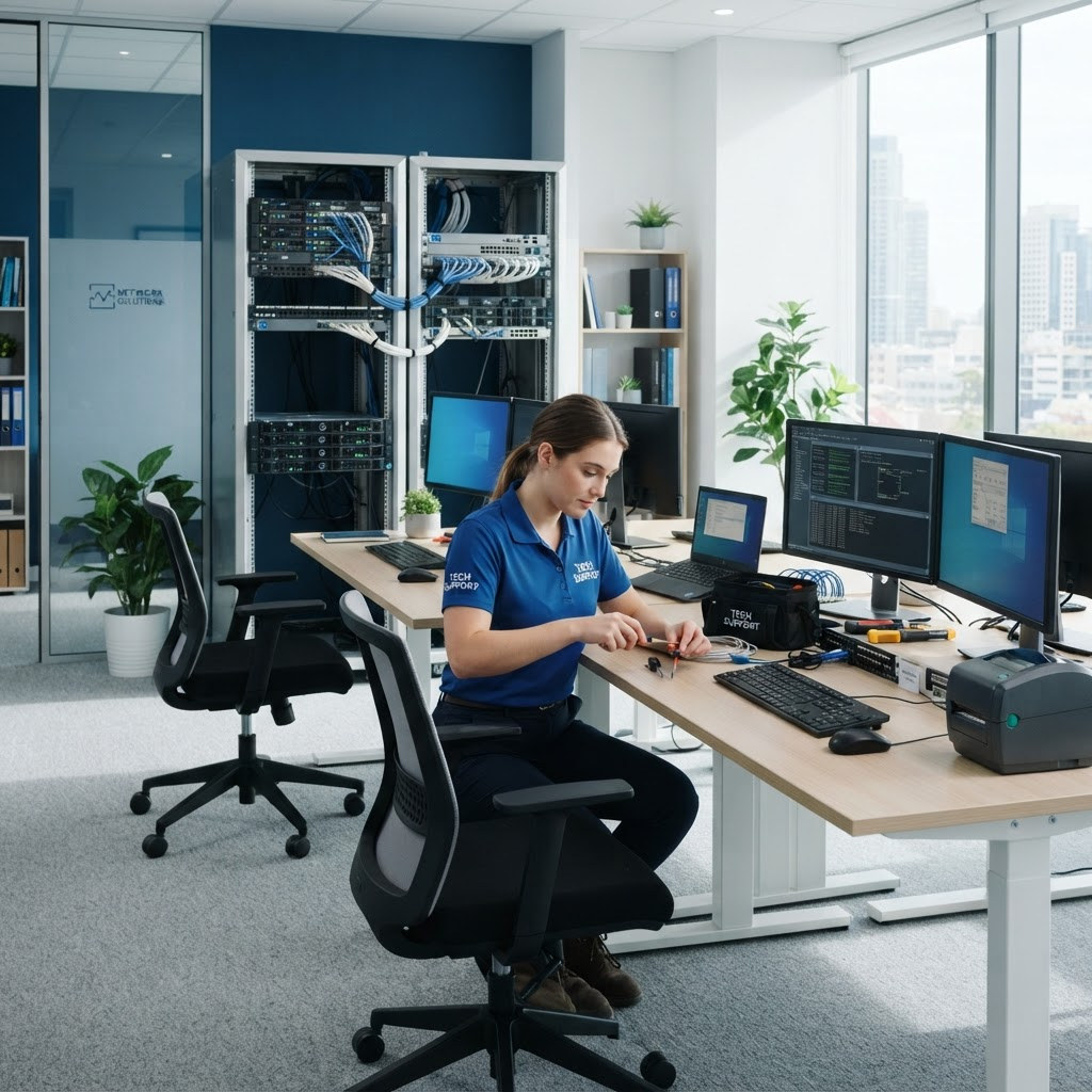 Technician setting up networked workstations in a small business office